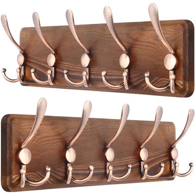 SKOLOO Coat Rack Wall Mounted - Pack of 2, Wooden, Heavy Duty, Rustic Coat Hooks for Wall, Wall Coat Rack with 5 Triple Hooks for Hanging Clothes, Jacket, Hat(Brown & Retro Red)