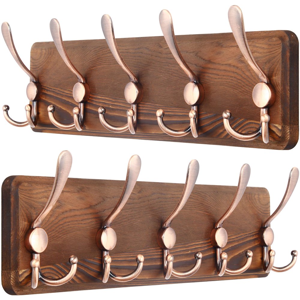 SKOLOO Coat Rack Wall Mounted - Pack of 2, Wooden, Heavy Duty, Rustic Coat Hooks for Wall, Wall Coat Rack with 5 Triple Hooks for Hanging Clothes, Jacket, Hat(Brown & Retro Red)