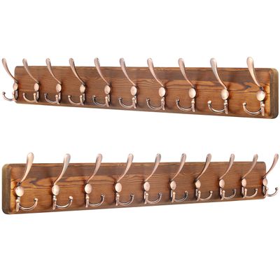 SKOLOO Coat Rack Wall Mounted - 38.3'' Long, Pack of 2, Wooden, Heavy Duty, Rustic Coat Hooks for Wall, Wall Coat Rack with 10 Triple Hooks for Hanging Clothes, Jacket, Hat(Brown & Retro Red)