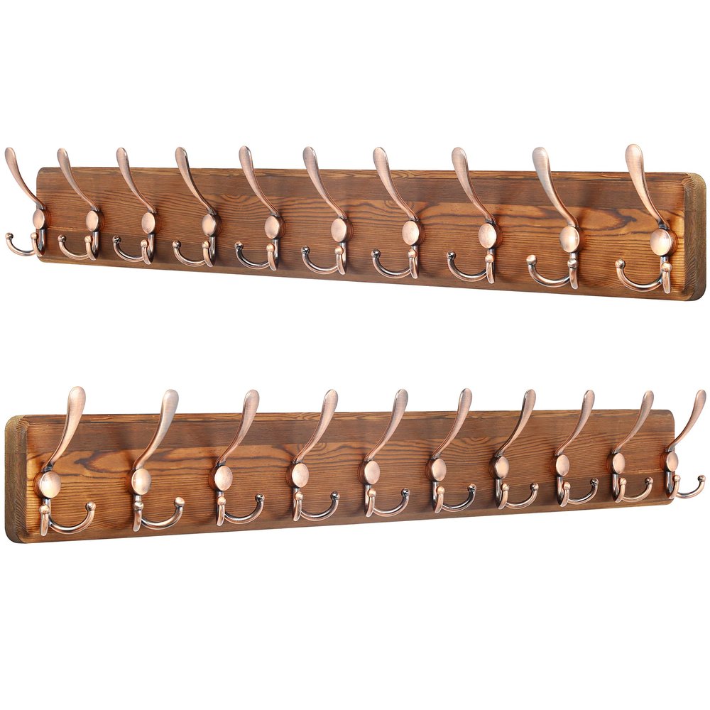SKOLOO Coat Rack Wall Mounted - 38.3'' Long, Pack of 2, Wooden, Heavy Duty, Rustic Coat Hooks for Wall, Wall Coat Rack with 10 Triple Hooks for Hanging Clothes, Jacket, Hat(Brown & Retro Red)