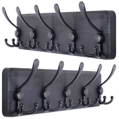 SKOLOO Coat Rack Wall Mounted - Pack of 2, Wooden, Heavy Duty, Rustic Coat Hooks for Wall, 16'' Hole to Hole, Wall Coat Rack with 5 Triple Hooks for Hanging Clothes, Jacket, Hat(Black)