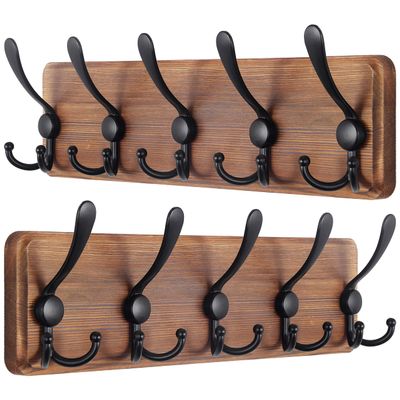 SKOLOO Rustic Wall Mounted Coat Rack: 16" Hole to Hole, Pine Real Wood Plank Wall Coat Rack with 5 Triple Hooks, Farmhouse Coat Hanger Wall Mount for Hanging Backpack Jacket Coat Hat,Pack of 2