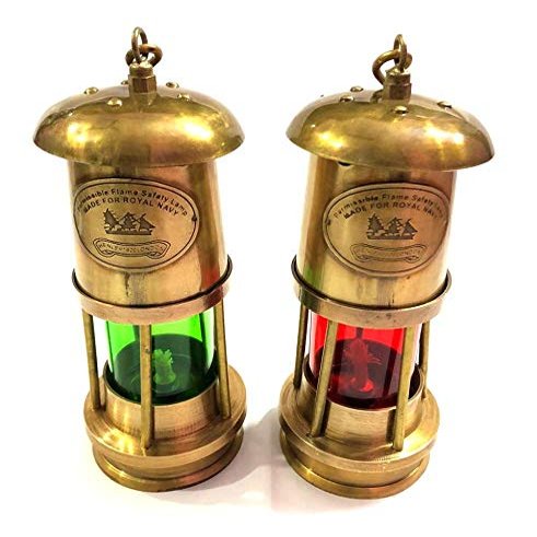 7" Nautical Antique Brown Brass Red/Green Minor Oil Lamp Ship Boat Lantern Home Decorative Set of 2