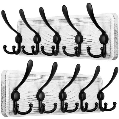SKOLOO Rustic Wall Mounted Coat Rack: Pine Real Wood Plank Wall Coat Rack with 5 Triple Hooks, Farmhouse Coat Hanger Wall Mount for Hanging Backpack Jacket Coat Hat,Pack of 2