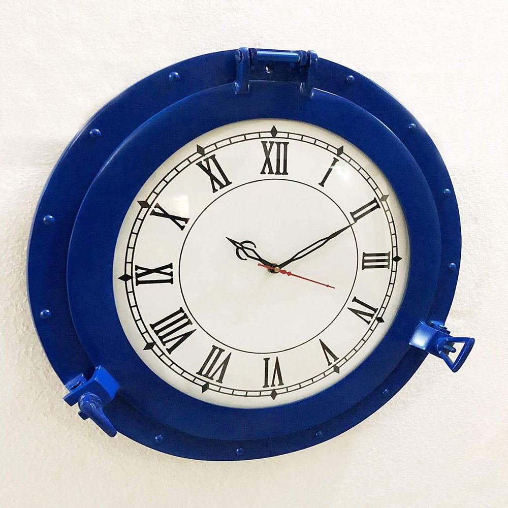 12" Antique Marine Blue Ship Porthole Clock Nautical Wall Mounted Clock Home Decorative
