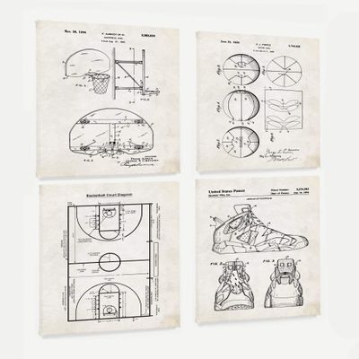 WUNDERKAMMER STUDIO - Basketball Hoop Court Ball Shoe Patent Poster Art - Basketball Wall Art - Athletic Home Dcor - Set of 4-18 x 24 Canvas