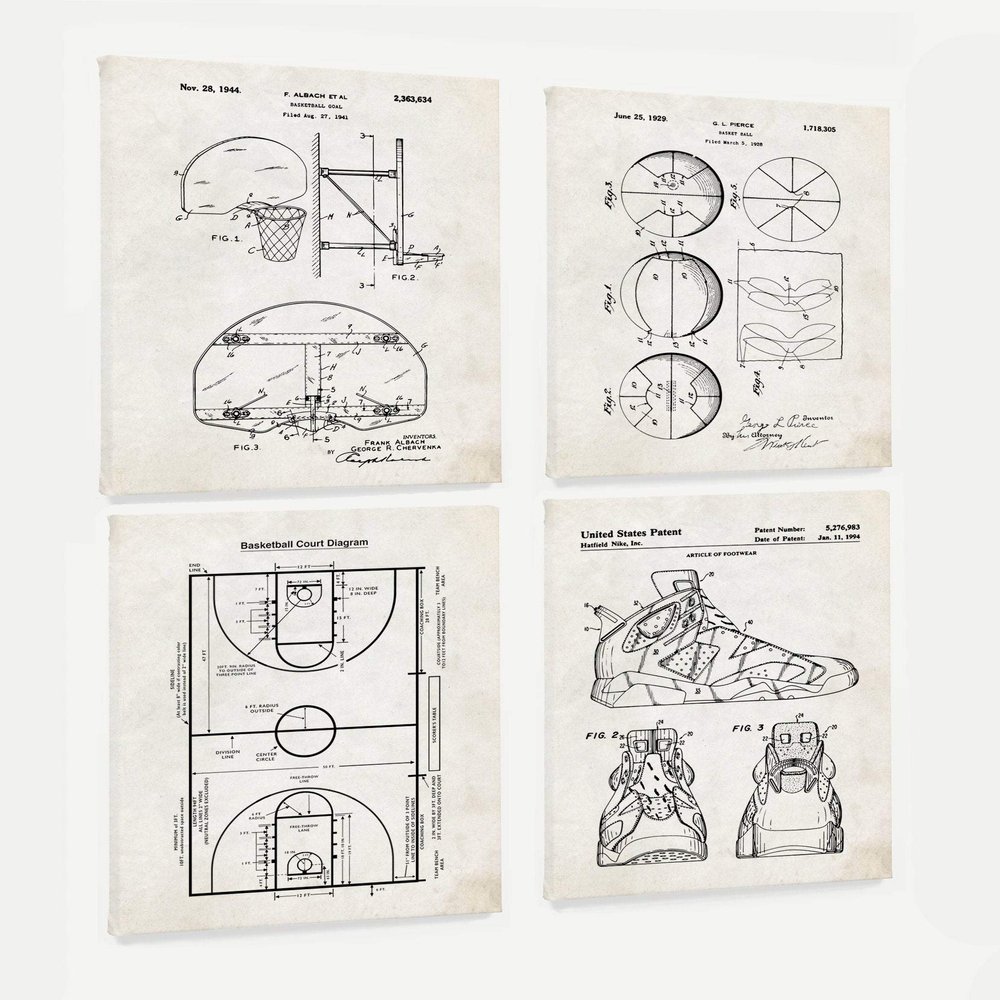 WUNDERKAMMER STUDIO - Basketball Hoop Court Ball Shoe Patent Poster Art - Basketball Wall Art - Athletic Home Dcor - Set of 4-18 x 24 Canvas