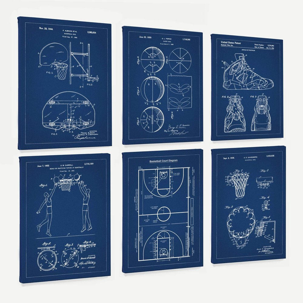 WUNDERKAMMER STUDIO - Basketball Patent Poster Art - Basketball Wall Art - Basketball Gift - Home Decor - Set of 6-11 x 14 Canvas