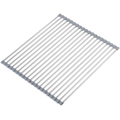 Hhyn Roll Up Dish Drying Rack Over The Sink 17.7"(L) x 15.6"(W), Multipurpose Foldable Stainless Steel Kitchen Rollable Drainer Rack, Gray