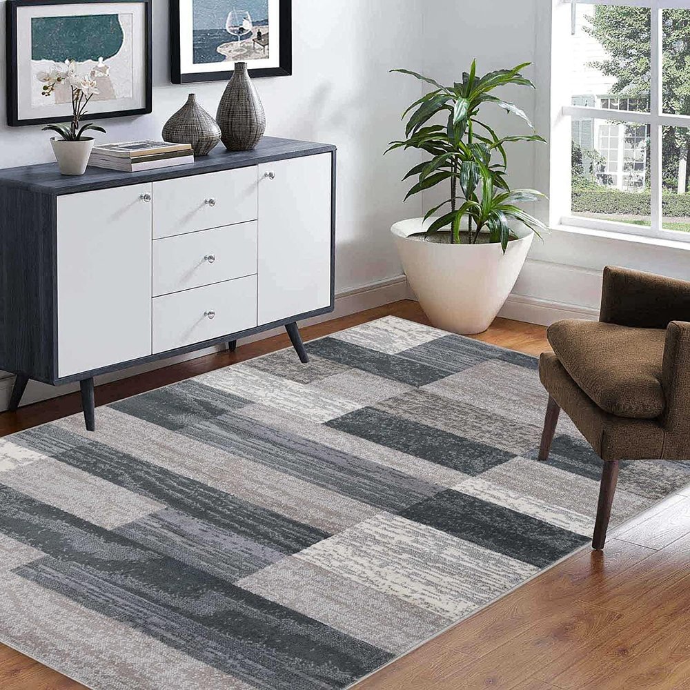 BNM Indoor Large Area Rug with Jute Backing, Modern Geometric, Perfect for Living and Dining Room, Bedroom, Hardwood Floors, Office, Dorm, Entryway, Rockwood Collection, 8' x 10', Blue-Taupe