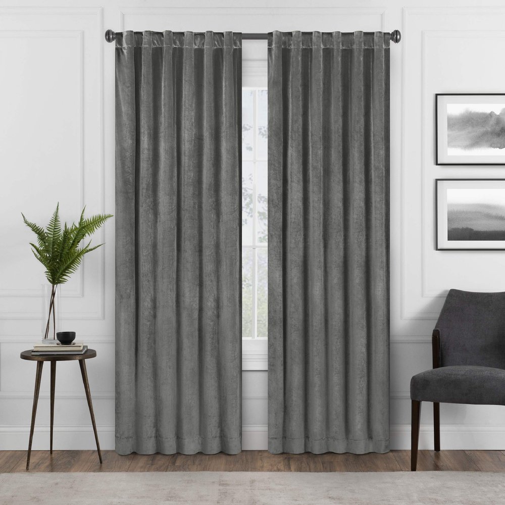 Eclipse Absolute Zero Harper Velvet Blackout Thermal Insulated Rod Pocket Curtains for Bedroom, Single Panel, 50" x 63", Charcoal