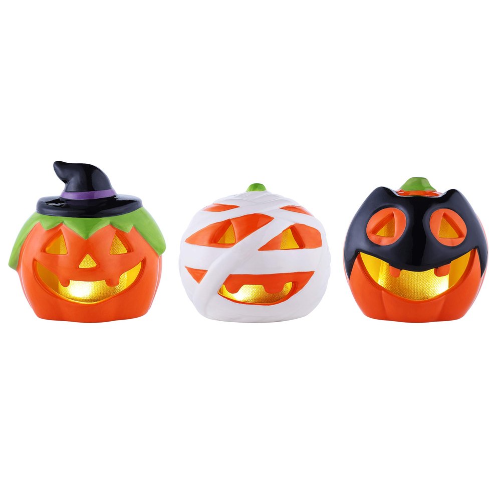 Mr. Halloween 4" Illuminated Ceramic Pumpkins Set of 3 - Classic Halloween Dcor, Orange