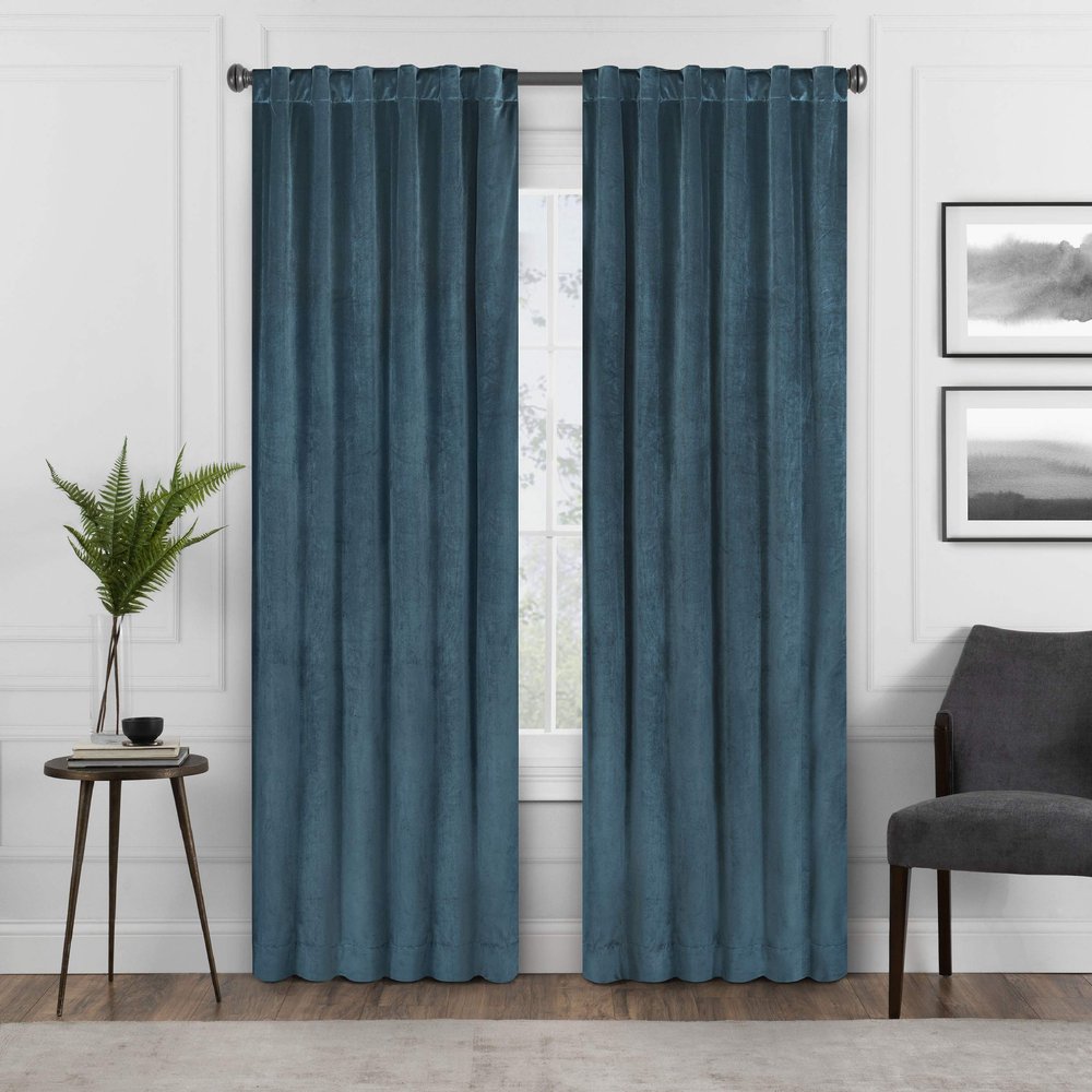 Eclipse Absolute Zero Harper Velvet Blackout Thermal Insulated Rod Pocket Curtains for Bedroom, Single Panel, 50" x 108", Teal