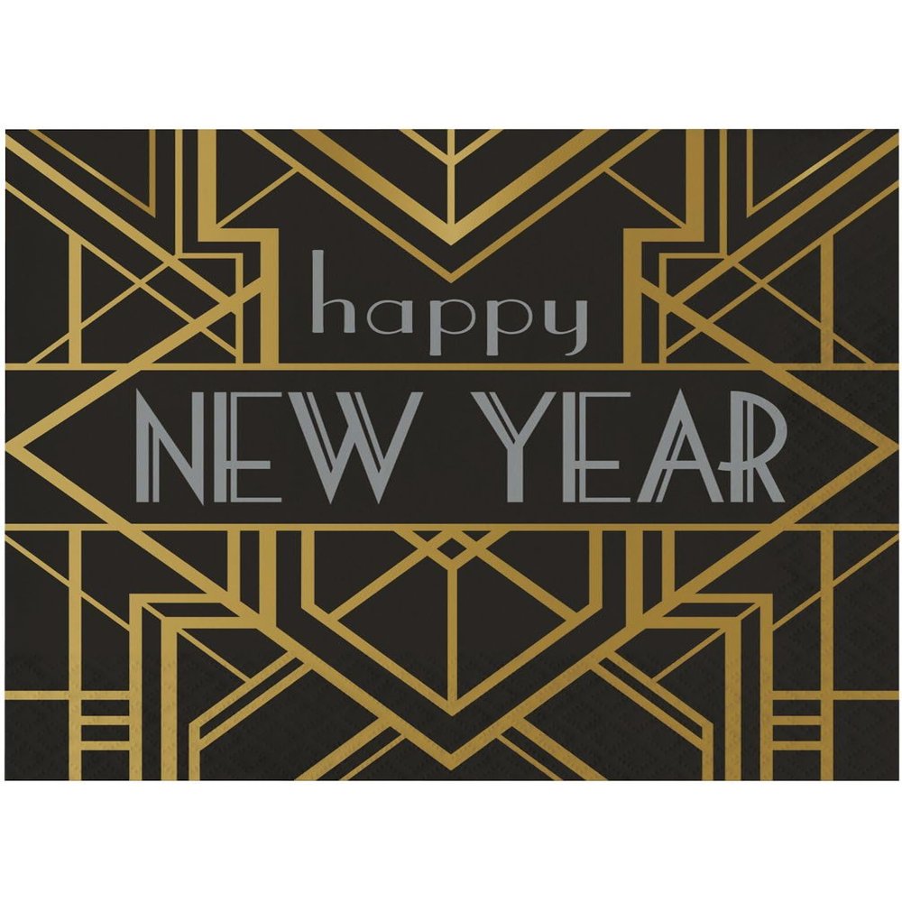 Creative Converting 346109 Happy New Year Lunch Paper Napkins, Black/Gold, 6.5", 16 Ct.