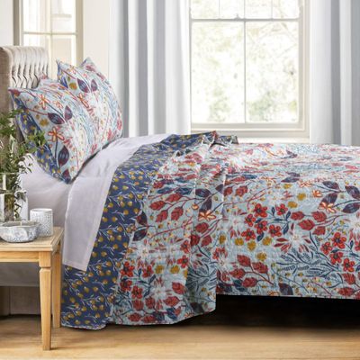 Benjara Full Size 3 Piece Polyester Quilt Set with Floral Prints, Multicolor