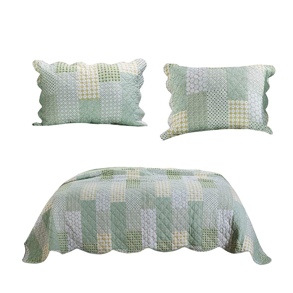 Benjara Reversible Fabric Queen Size Quilt Set with Geometric Pattern Motifs, Green