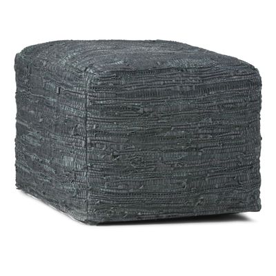SIMPLIHOME Fredrik Boho Square Pouf in Grey Woven Genuine Leather for the Living Room, Bedroom and Kids Room