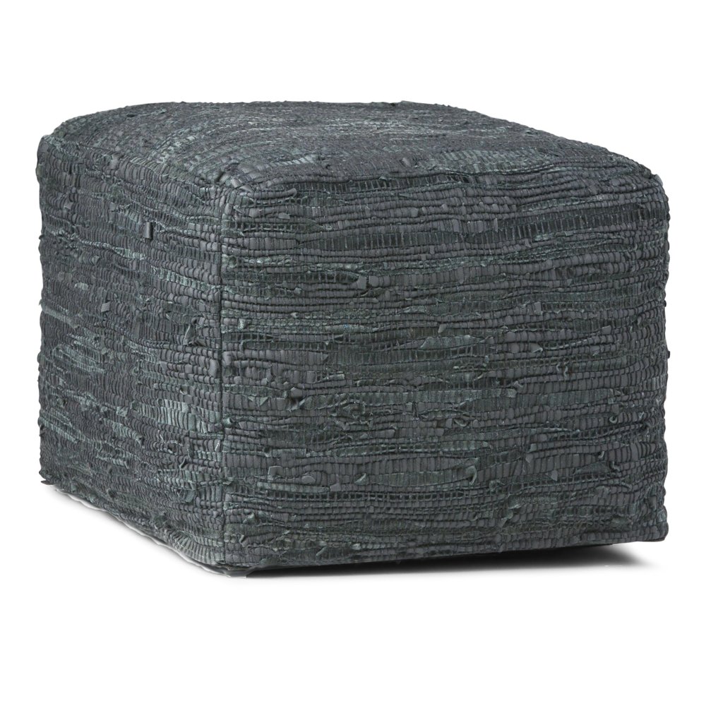 SIMPLIHOME Fredrik Boho Square Pouf in Grey Woven Genuine Leather for the Living Room, Bedroom and Kids Room