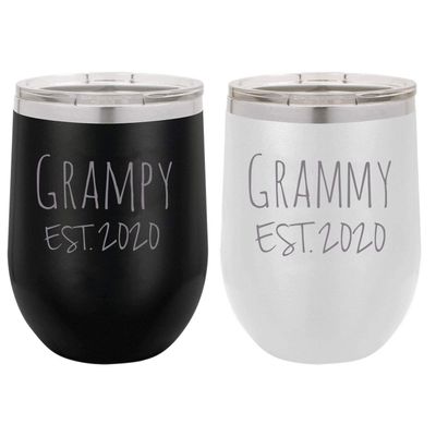 Grampy - Grammy Established Est. 2020 - Stainless Steel Engraved Insulated 12 oz Double-Walled Wine Tumbler with Clear Plastic Lid, (Black/White)