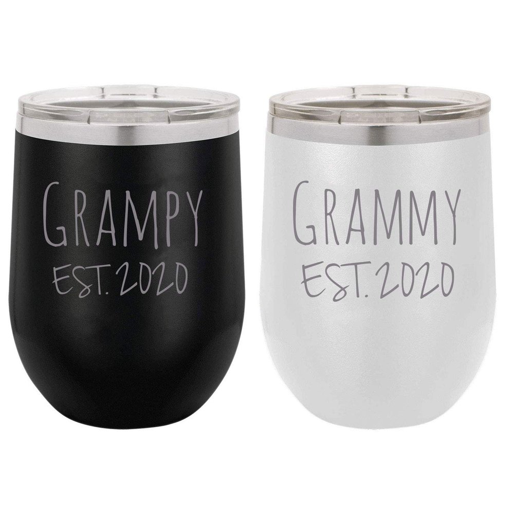 Grampy - Grammy Established Est. 2020 - Stainless Steel Engraved Insulated 12 oz Double-Walled Wine Tumbler with Clear Plastic Lid, (Black/White)