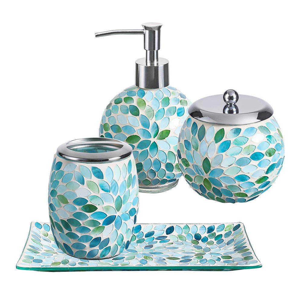 4PCs Mosaic Glass Bathroom Accessories Set with Decorative Pressed Pattern - Includes Hand Soap Dispenser & Tumbler & Soap Dish & Toothbrush Holder (Green)