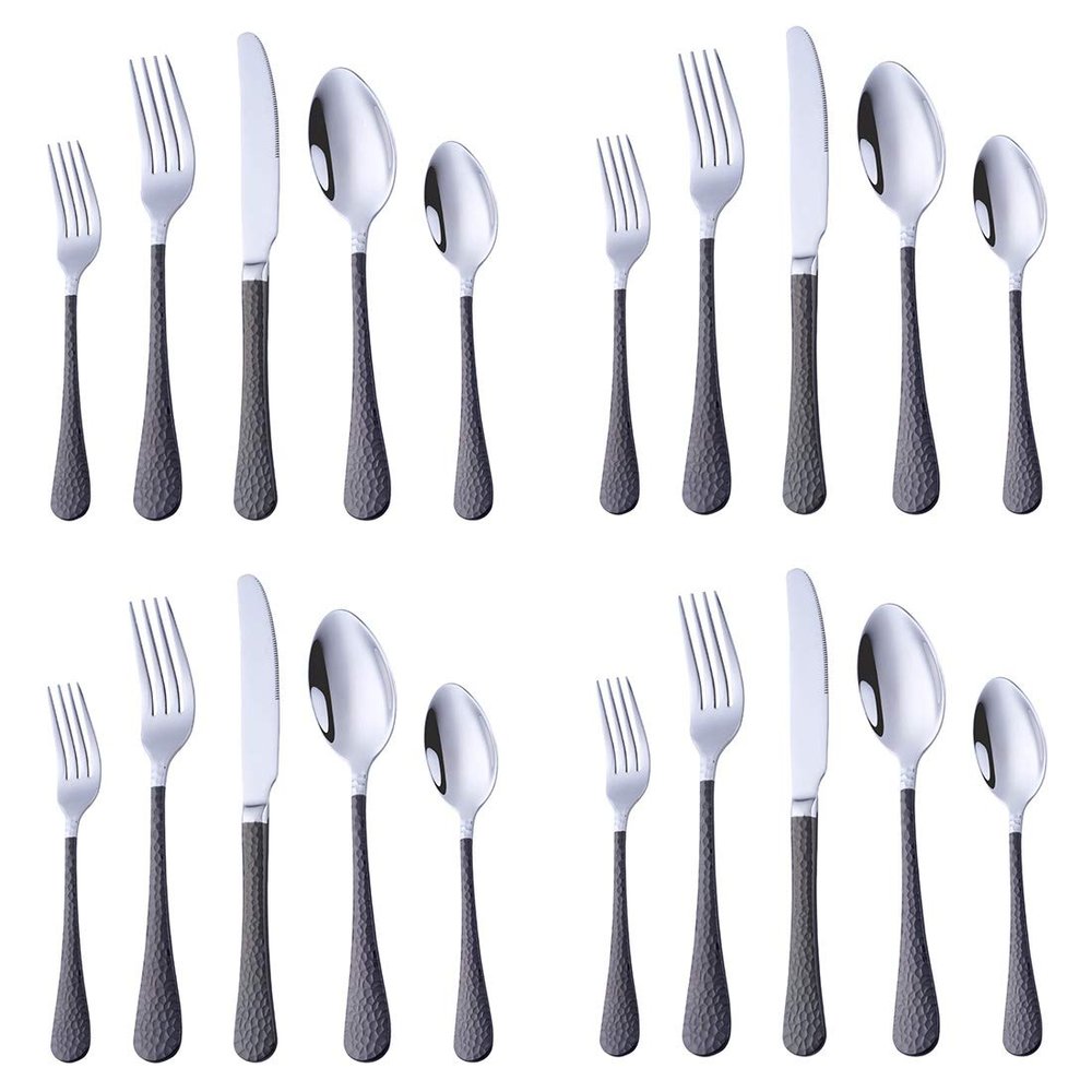 20-Piece Black Plated Pattern Handle Flatware Set, Stainless Steel Cutlery with Knife/Fork/Spoon, Tableware Set Utensils for Home Kitchen Restaurant Party, Mirror Polished Dishwasher Safe