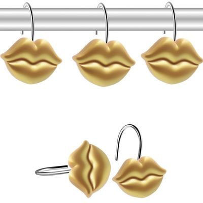 CandyGrid Gold Shower Curtain Hooks Rings, Shower Hooks for Shower Curtain Set of 12, Rustproof Metal Shower Rings for Bathroom (Gold Lips)