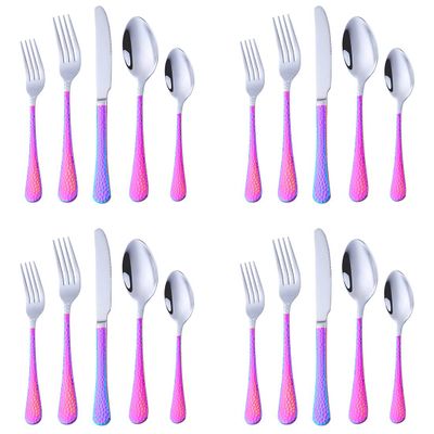 20-Piece Rainbow Plated Pattern Handle Flatware Set, Stainless Steel Cutlery with Knife/Fork/Spoon, Tableware Set Utensils for Home Kitchen Restaurant Party, Mirror Polished Dishwasher Safe