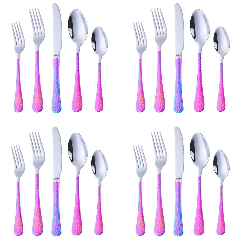 20-Piece Rainbow Plated Pattern Handle Flatware Set, Stainless Steel Cutlery with Knife/Fork/Spoon, Tableware Set Utensils for Home Kitchen Restaurant Party, Mirror Polished Dishwasher Safe