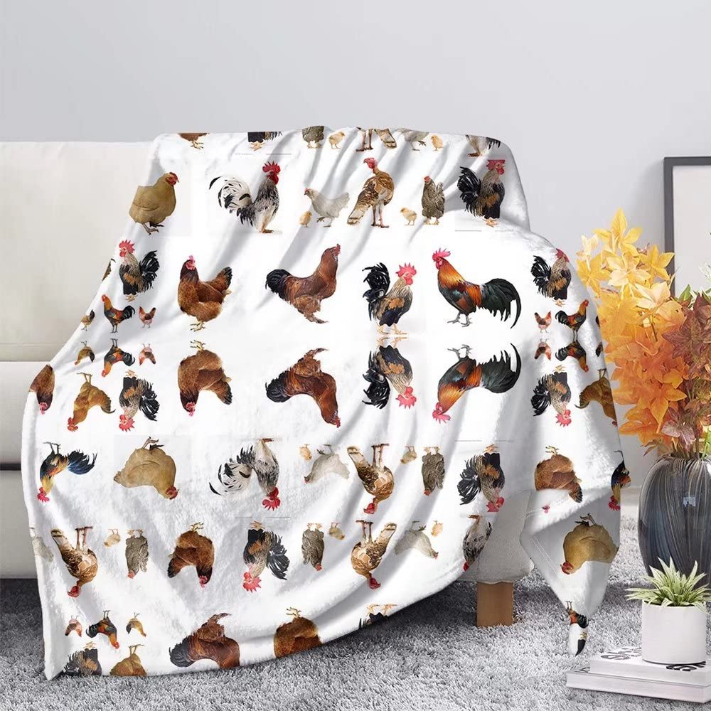 AFPANQZ Chicken Printed Super Soft Fuzzy Faux Fur Reversible Flannel Throw Blanket for Sofa, Couch and Bed - Plush Blanket Funny White 44.8x60inch