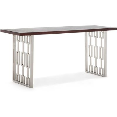 Adore Decor Lennox Contemporary Wood and Silver Metal Bench Modern Living Room Furniture Seating for Long Dining Table Chrome Art Deco Legs, Dark Walnut Brown