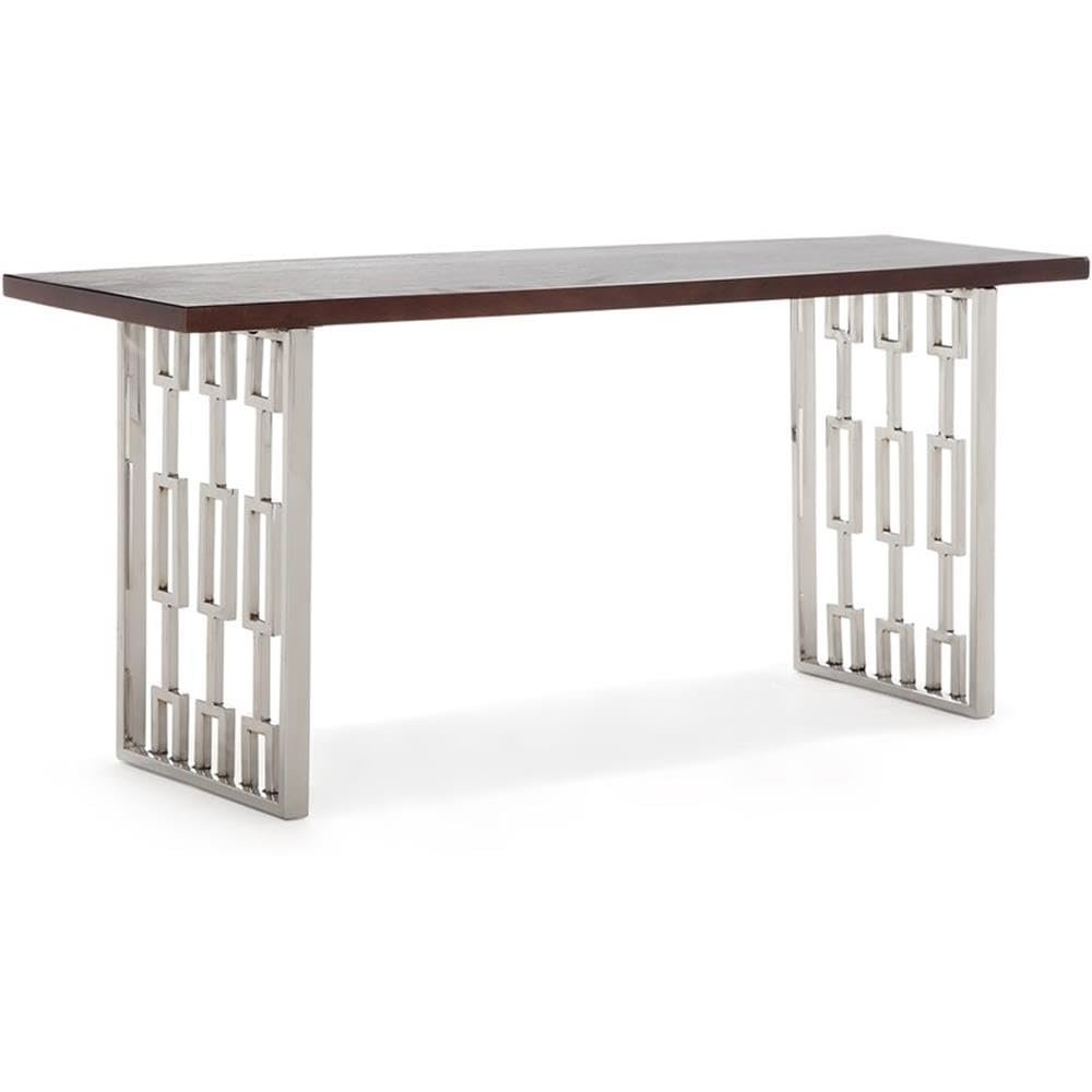 Adore Decor Lennox Contemporary Wood and Silver Metal Bench Modern Living Room Furniture Seating for Long Dining Table Chrome Art Deco Legs, Dark Walnut Brown