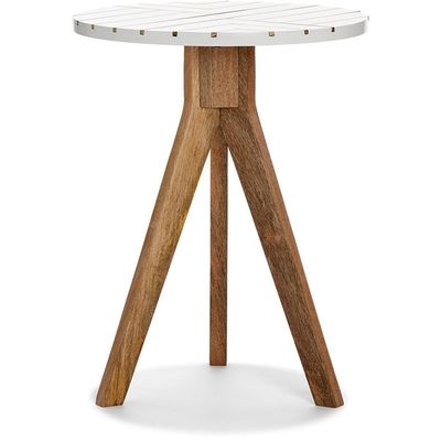 Adore Decor Amari Round Side Table, Brass Inlay Top with Solid Wood Legs, Modern Eclectic Living Room Accent Furniture, Fully Assembled, White