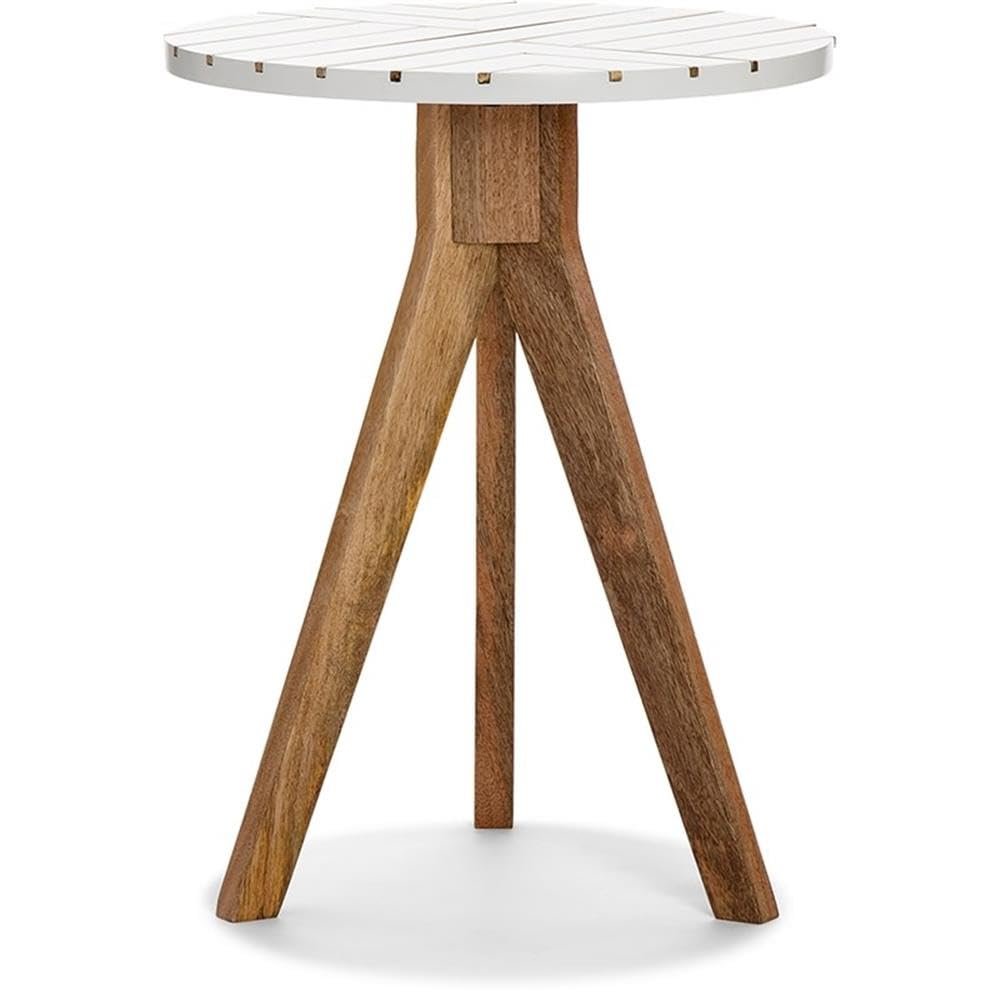 Adore Decor Amari Round Side Table, Brass Inlay Top with Solid Wood Legs, Modern Eclectic Living Room Accent Furniture, Fully Assembled, White