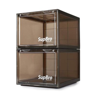 SupBro Collection Crate - Easy Access Storage Shoes Box -Plastic Foldable Stackable Sneaker Display Storage with Clear Front Door Organizer-2 Pack (Steel Flash)