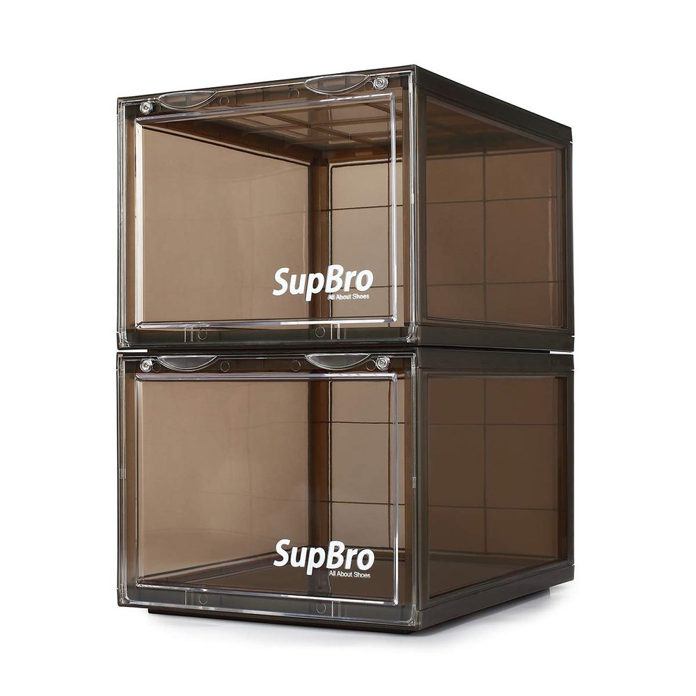 SupBro Collection Crate - Easy Access Storage Shoes Box -Plastic Foldable Stackable Sneaker Display Storage with Clear Front Door Organizer-2 Pack (Steel Flash)