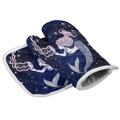 Crystal Emotion Kitchen Oven Mitts and Pot Holders Sets, Sexy Fish Women with Stars Heat Resistant Oven Gloves and Potholders Hot Pads Set Non-Slip Mittens for Cooking BBQ Baking Grilling