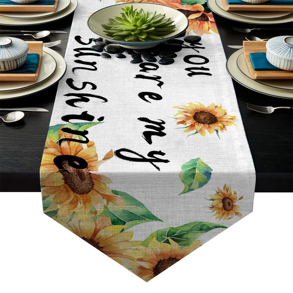 SODIKA Table Runner Linen Burlap Table Cloth Runner for Kitchen Wedding Holiday Parties Events Decoration,Linen Burlap Table Runner Dresser Scarves,Sunflowers You are My Sunshine 13 X 90 in