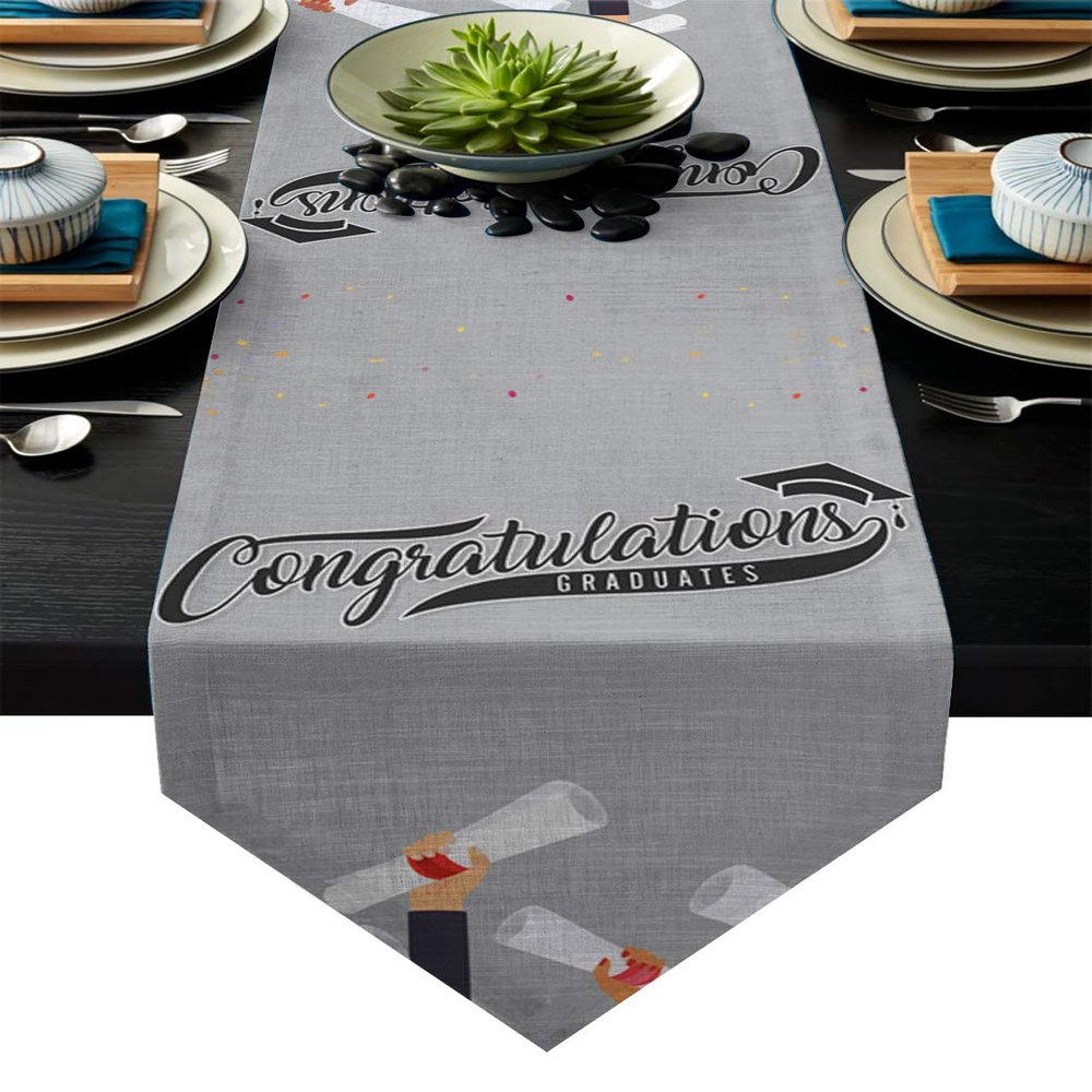 SODIKA Table Runner Linen Burlap Table Cloth Runner for Kitchen Wedding Holiday Parties Events Decoration,Linen Burlap Table Runner Dresser Scarves,Congratulations Graduates 16 X 72 in