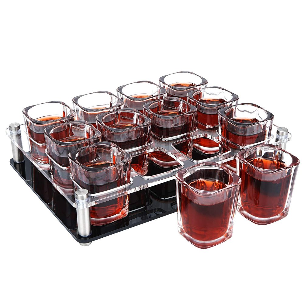 D&Z 2 oz Shot Glass with Holder, Tequila Shot Glass Set, Easy to Carry 12 Heavy Base Glasses without Spilling, Clear Modern Acrylic Server Tray for Wedding,Anniversary,Graduation,Housewarming,Birthday