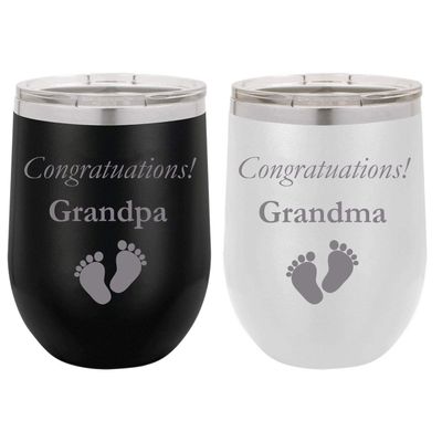 Congratuations! Grandpa - Grandma - Pregnancy Present - Stainless Steel Engraved Insulated 12 oz Double-Walled Wine Tumbler with Clear Plastic Lid, (Black/White)
