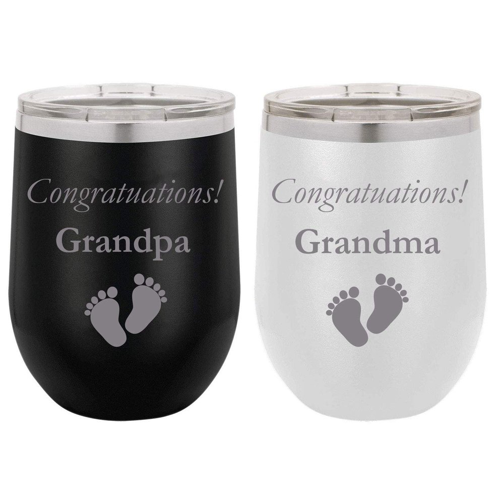 Congratuations! Grandpa - Grandma - Pregnancy Present - Stainless Steel Engraved Insulated 12 oz Double-Walled Wine Tumbler with Clear Plastic Lid, (Black/White)