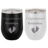 Congratuations! Grandpa - Grandma - Pregnancy Present - Stainless Steel Engraved Insulated 12 oz Double-Walled Wine Tumbler with Clear Plastic Lid, (Black/White) view 1