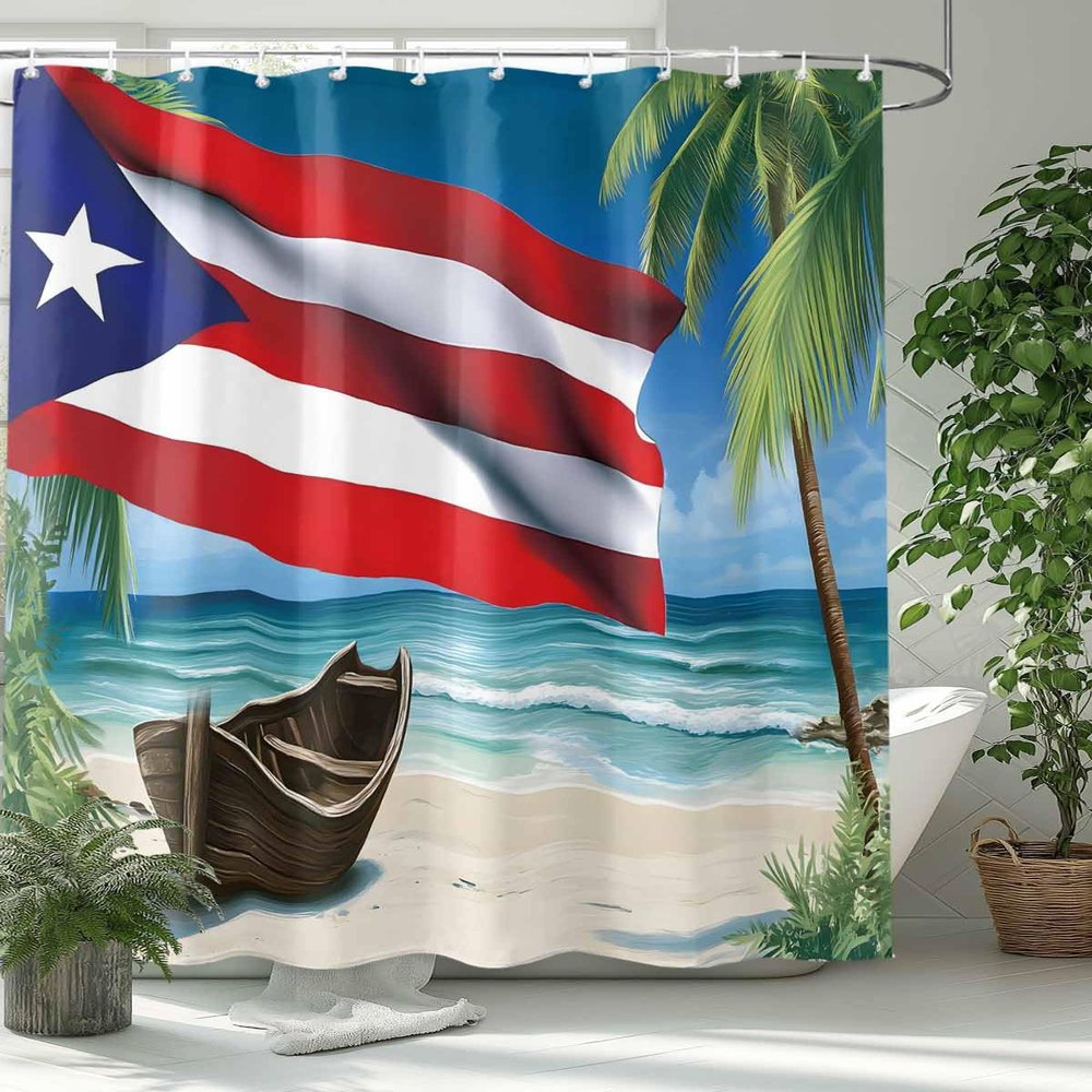 Z&L Home Ocean Beach Puerto Rico Flag Shower Curtains for Bathroom Decor Coastal Boat Polyester Fabric Waterproof Bath Curtain Set with Hooks 4872Inch