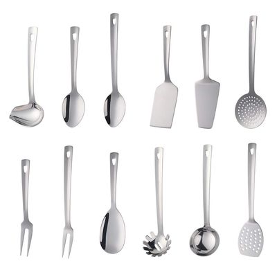 12 Pcs Cooking Utensil Set, Stainless Steel Silver Titanium Plated Cookware Sets with Public Fork/Spoon, Cake Shovels, Spatula, Ladles, Solid Spoon, Slotted Spoon, Pasta Server, Kitchen Tool Gadget