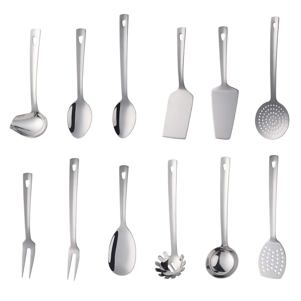 12 Pcs Cooking Utensil Set, Stainless Steel Silver Titanium Plated Cookware Sets with Public Fork/Spoon, Cake Shovels, Spatula, Ladles, Solid Spoon, Slotted Spoon, Pasta Server, Kitchen Tool Gadget