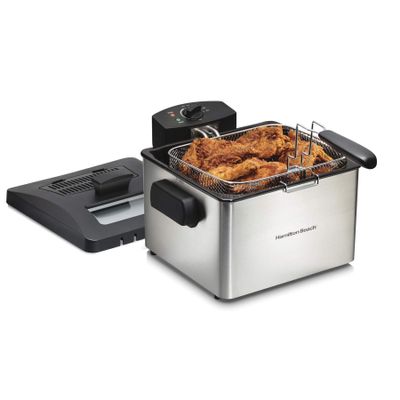 Hamilton Beach 35042 Professional Style Electric Deep Fryer, Frying Basket with Hooks, 1800 Watts, 5 Liter, Stainless Steel