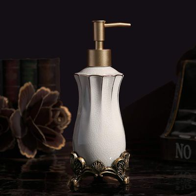 Ceramic Lotion Soap Dispenser with Pump for Bathroom and Kitchen Office, /Modern White Outline in Gold Base Pattern/Decorative Liquid Bottle