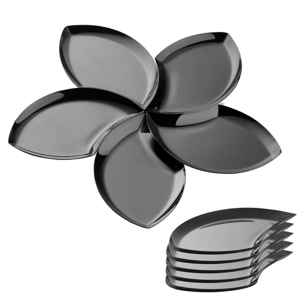 QIBORUN 5 Sets Stainless Steel Trinket Tray,Bathroom Sink Vanity Trays Towel Storage Dish Plate Tea Fruit Trays Cosmetics Jewelry Plate Jewelry Organizer Flower Pattern-Black