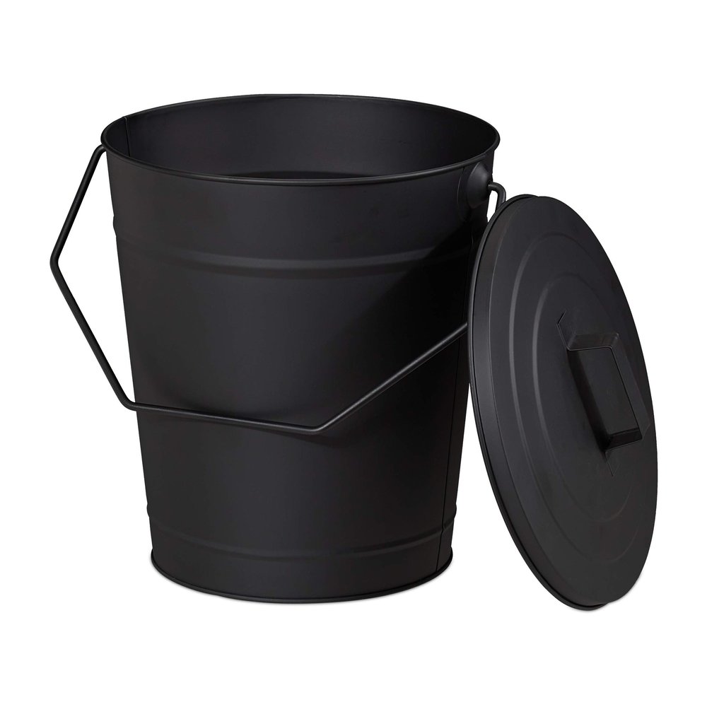 Relaxdays Ash Bucket with Lid, 12l, Charcoal Bin with Handle, Round, Fireplace/Stove/Barbecue, HWD: 34x32.5x28 cm, Black, Steel